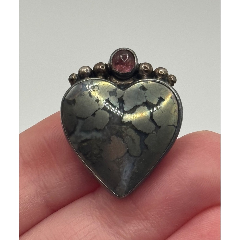 Sterling Silver KA Signed Multicolor Heart Cabochon Pendant Brooch Pin